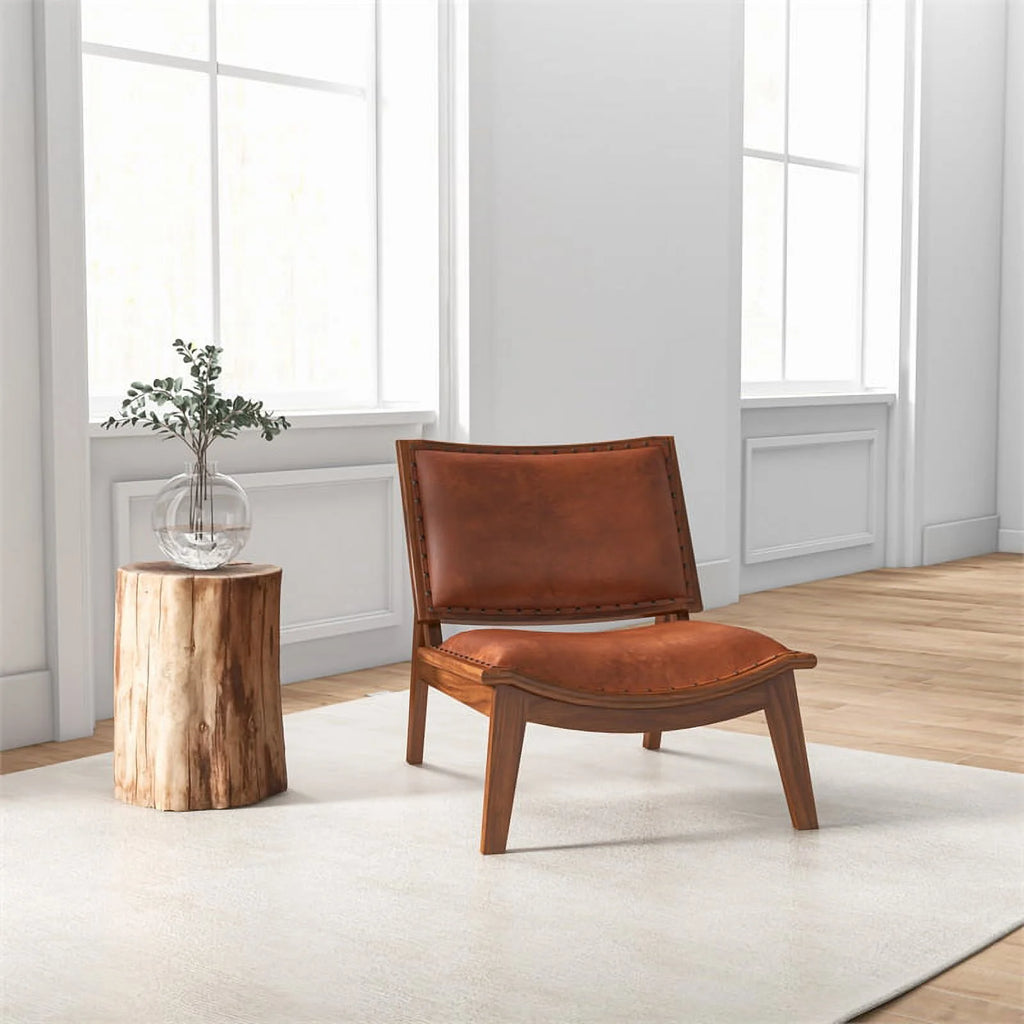 Cognac Tan Walnut Leather Accent Chair A7024