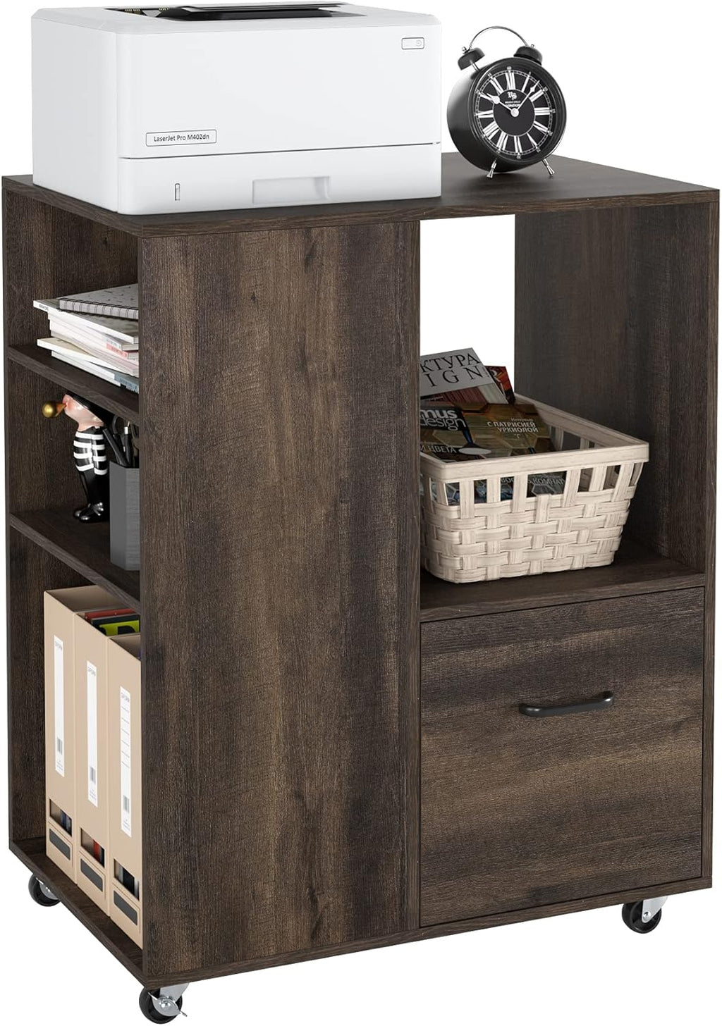 Dark Brown Wood Mobile File Cabinet with Drawer W819