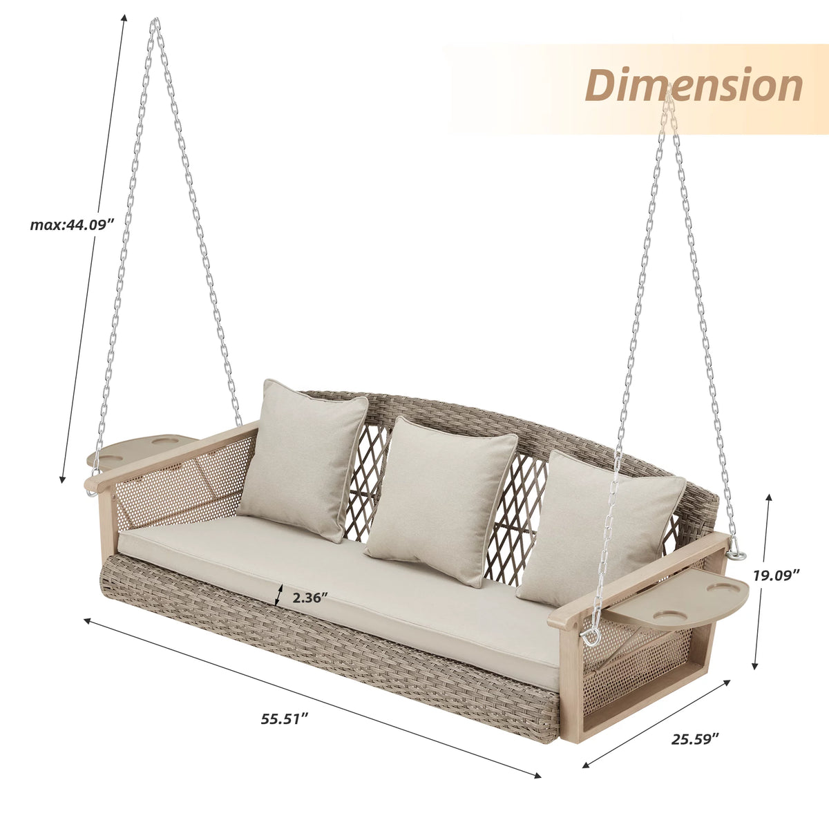 3-Person 55in Wicker Hanging Swing Bench with Cushions and Cupholders C22461