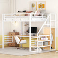 White Full Size Metal Loft Bed with Desk and Storage Staircase J731