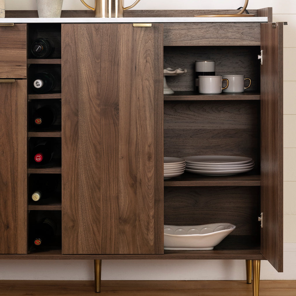 Natural Walnut and Faux Carrara Marble Buffet with Storage Q222