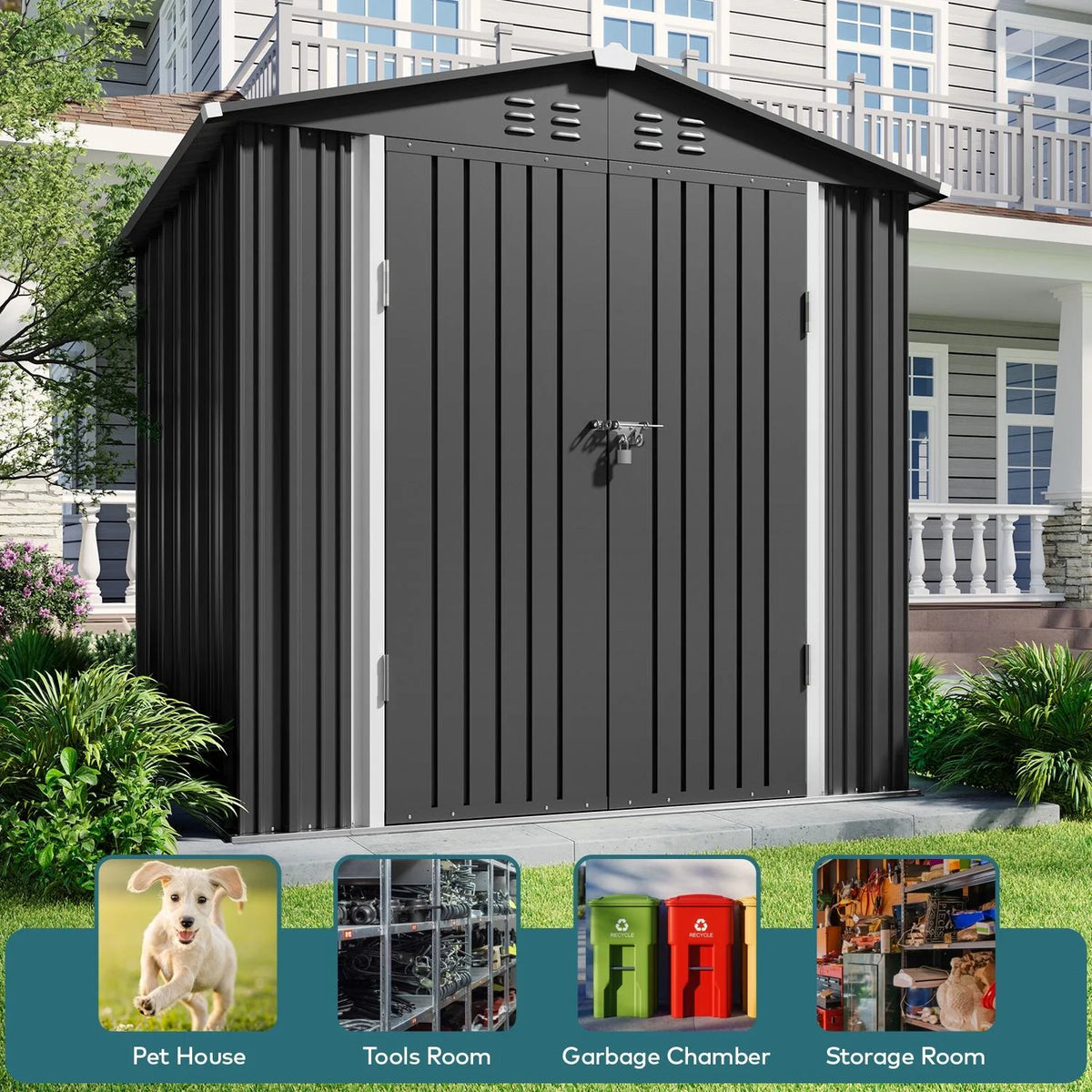 6' x 4' Dark Gray Metal Outdoor Storage Shed with Base Frame F145421