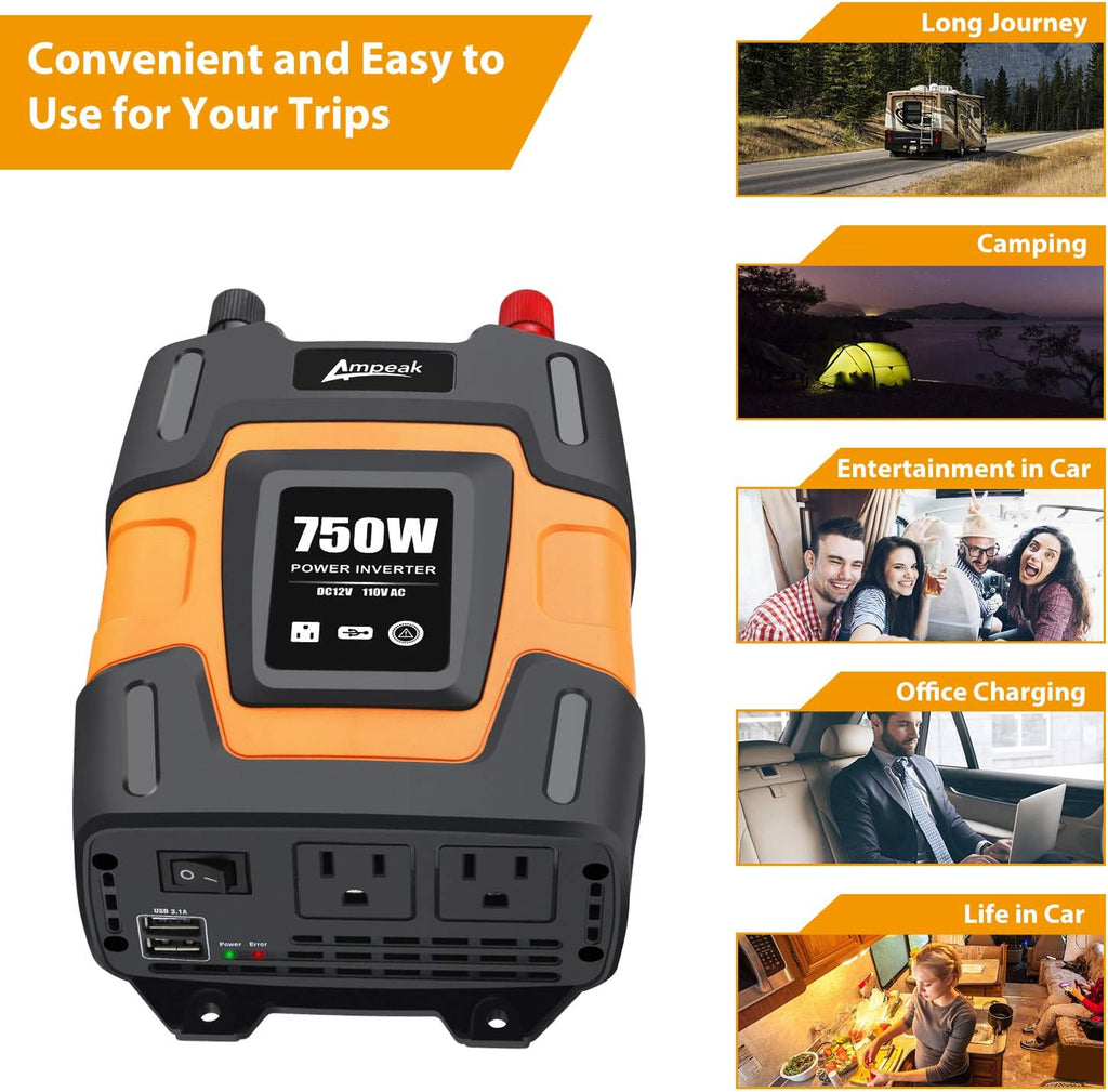 750W Power Inverter 12V DC to 110V AC Converter with Dual USB Dual AC Outlets T3374