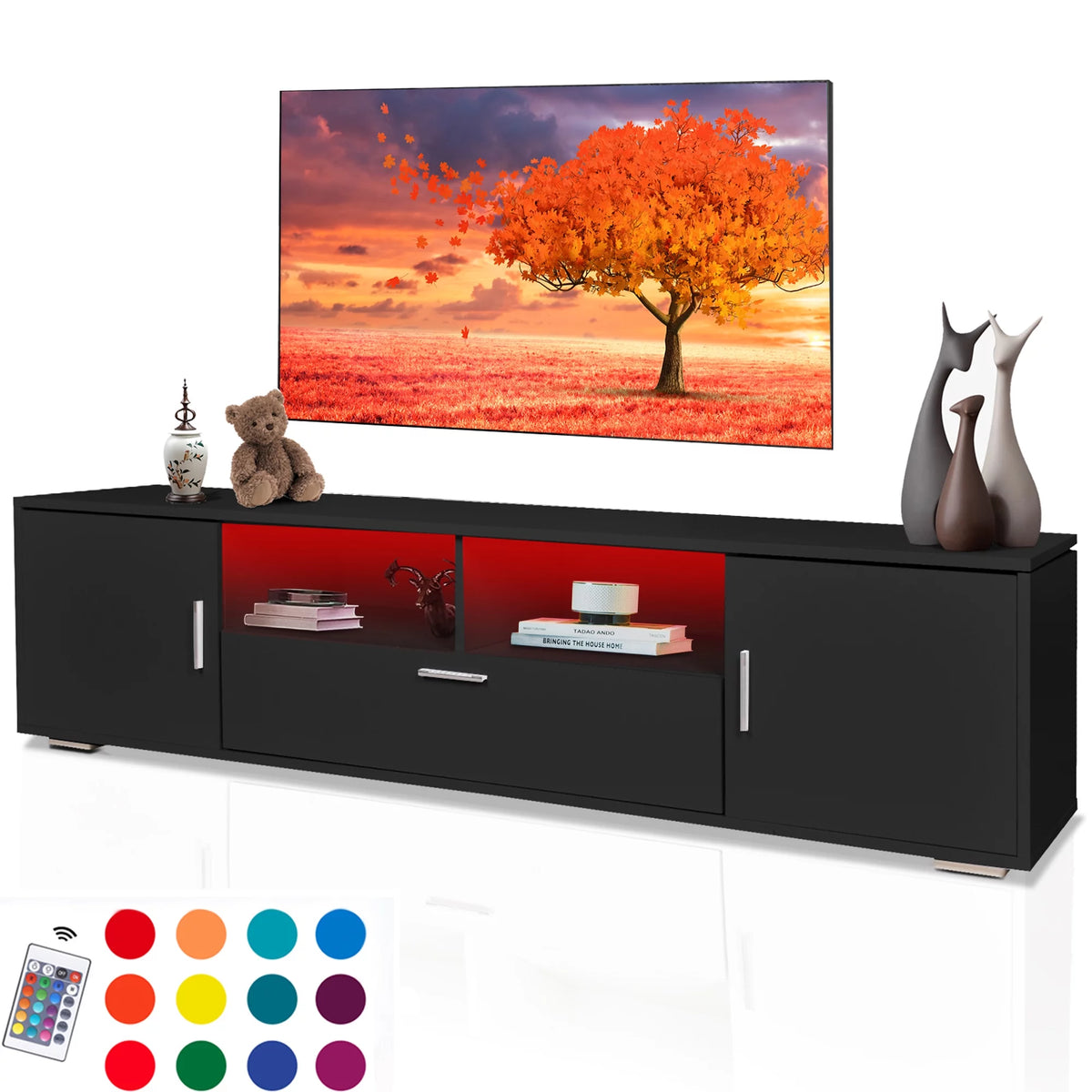 Black TV Stand with Storage Cabinet and Drawer P6258