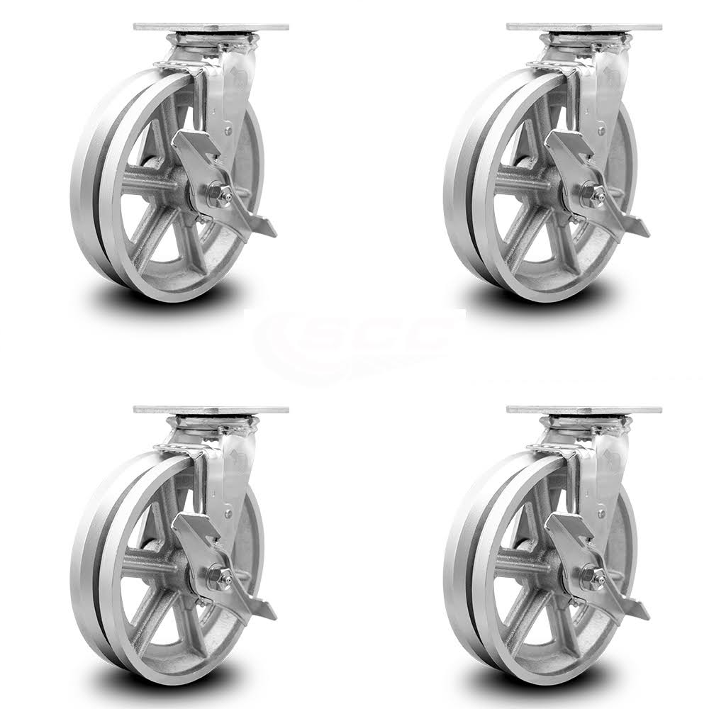 8 inch x 2 inch V Groove Semi Steel Swivel Casters with Brakes Set of 4 T937202