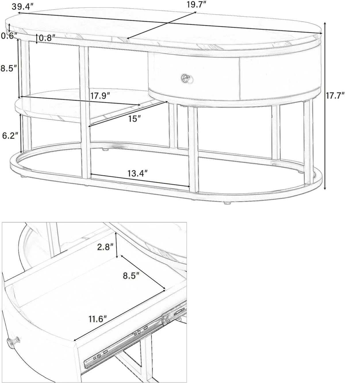 White Oval Marble Coffee Table with Storage V306570