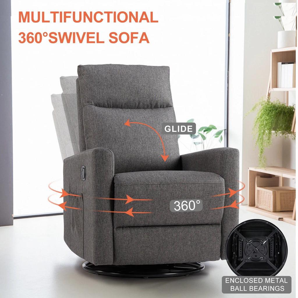 Grey Swivel Glider Rocker Recliner Chair with Adjustable Backrest and Footrest I217486