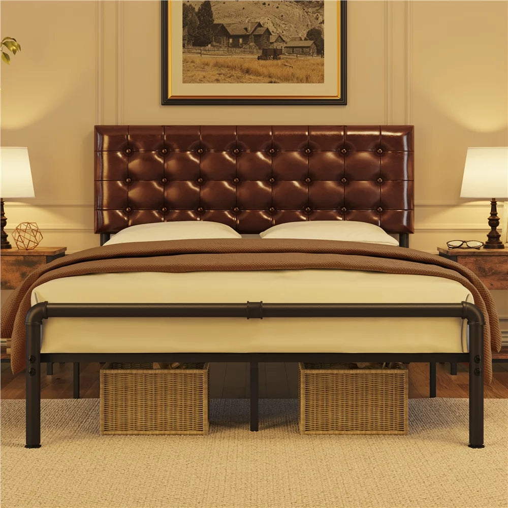 Metal Platform Bed Frame with Upholstered Headboard, Queen, Brown E8241