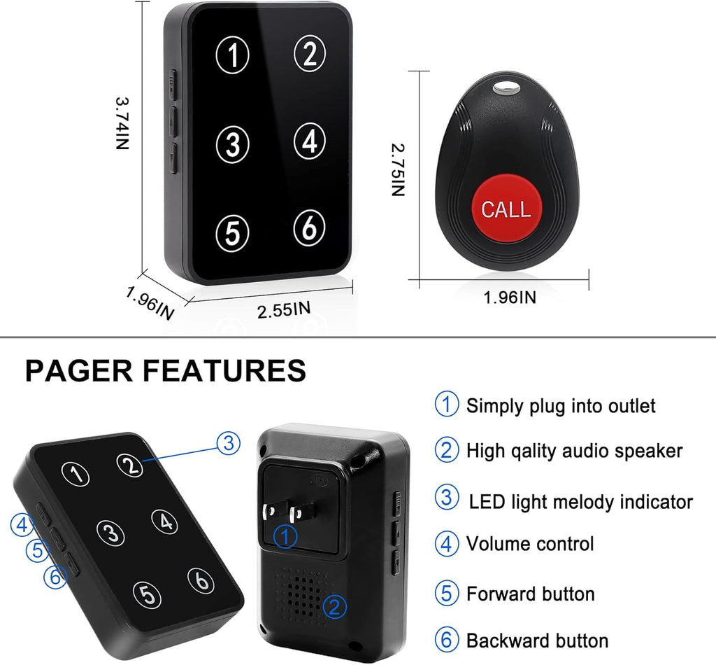 Wireless Caregiver Pager with 3 Number Display Plug-in Receiver 6 Transmitters D4335