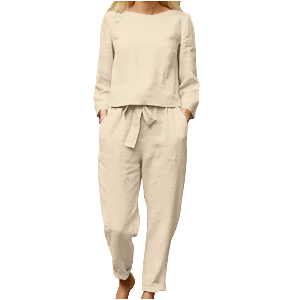 Women's Casual 2 Piece Long Sleeve Top and Tie Waist Pants Lounge Set W4488
