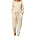 Women's Casual 2 Piece Long Sleeve Top and Tie Waist Pants Lounge Set W4488