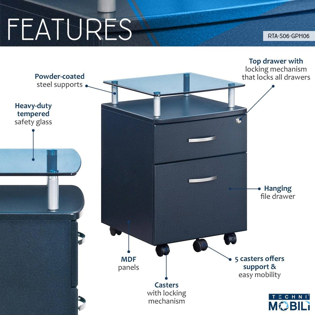 Graphite Rolling File Cabinet with Glass Top V903103