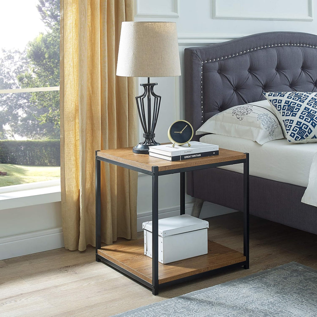 Brown Oak Wood Look Side End Table with Metal Frame C9910