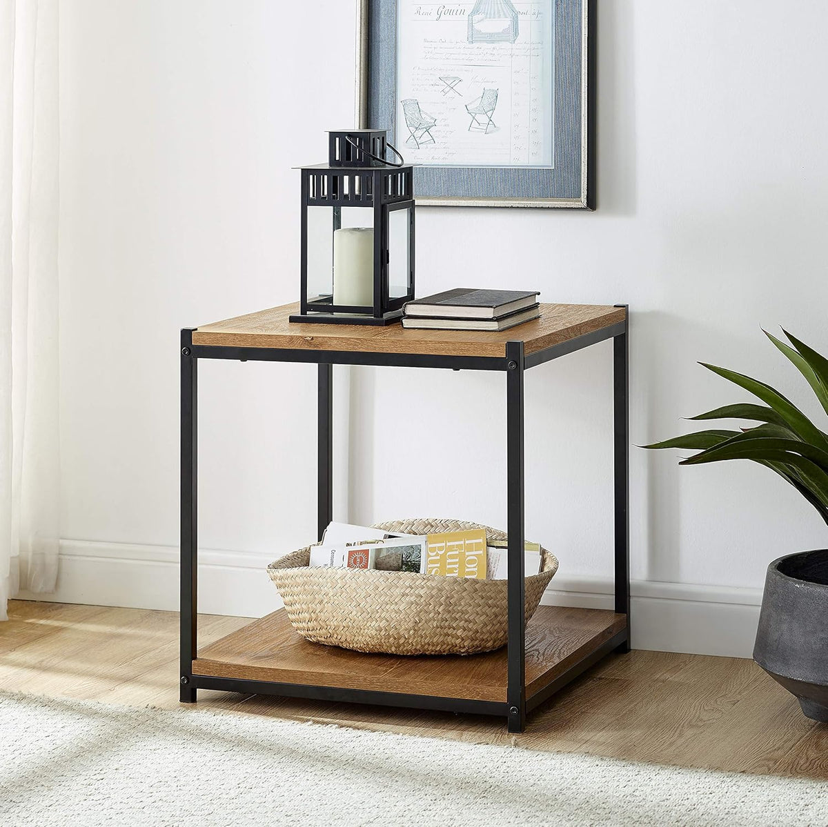 Brown Oak Wood Look Side End Table with Metal Frame C9910
