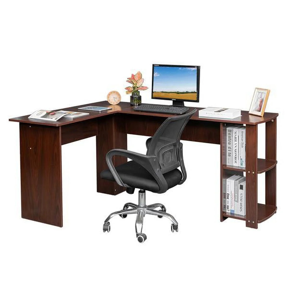 L-Shaped Corner Computer Desk with Bookshelf B546