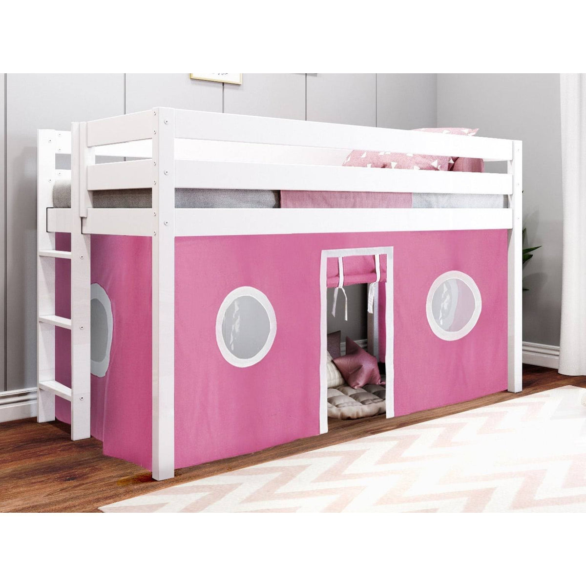 Contemporary Low Loft Twin Bed with End Ladder, White with Pink & White Tent S38302