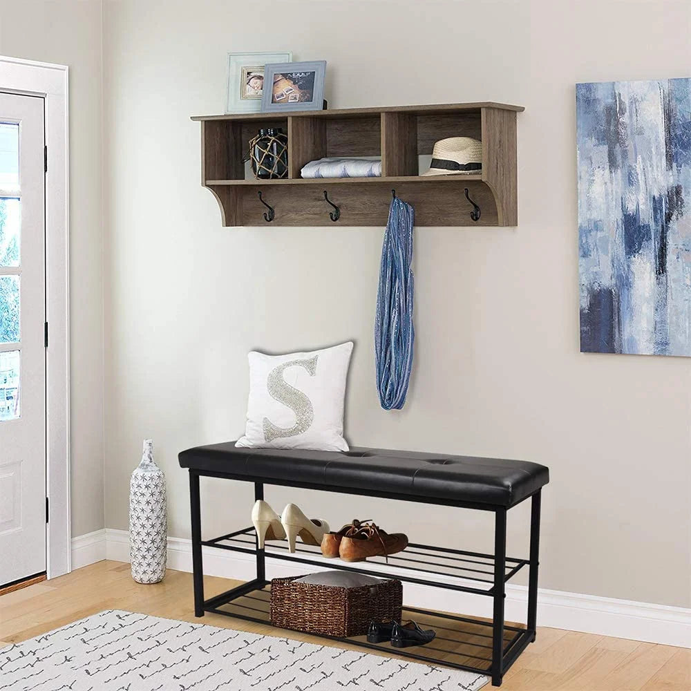 Black 3-Tier Shoe Rack Bench with Cushioned Seat D8756