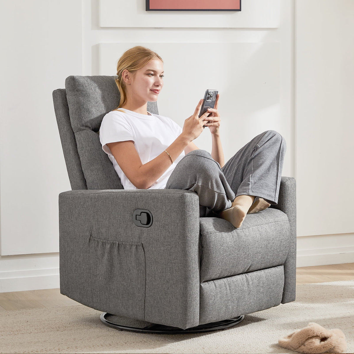 Grey Swivel Glider Rocker Recliner Chair with Adjustable Backrest and Footrest I217486