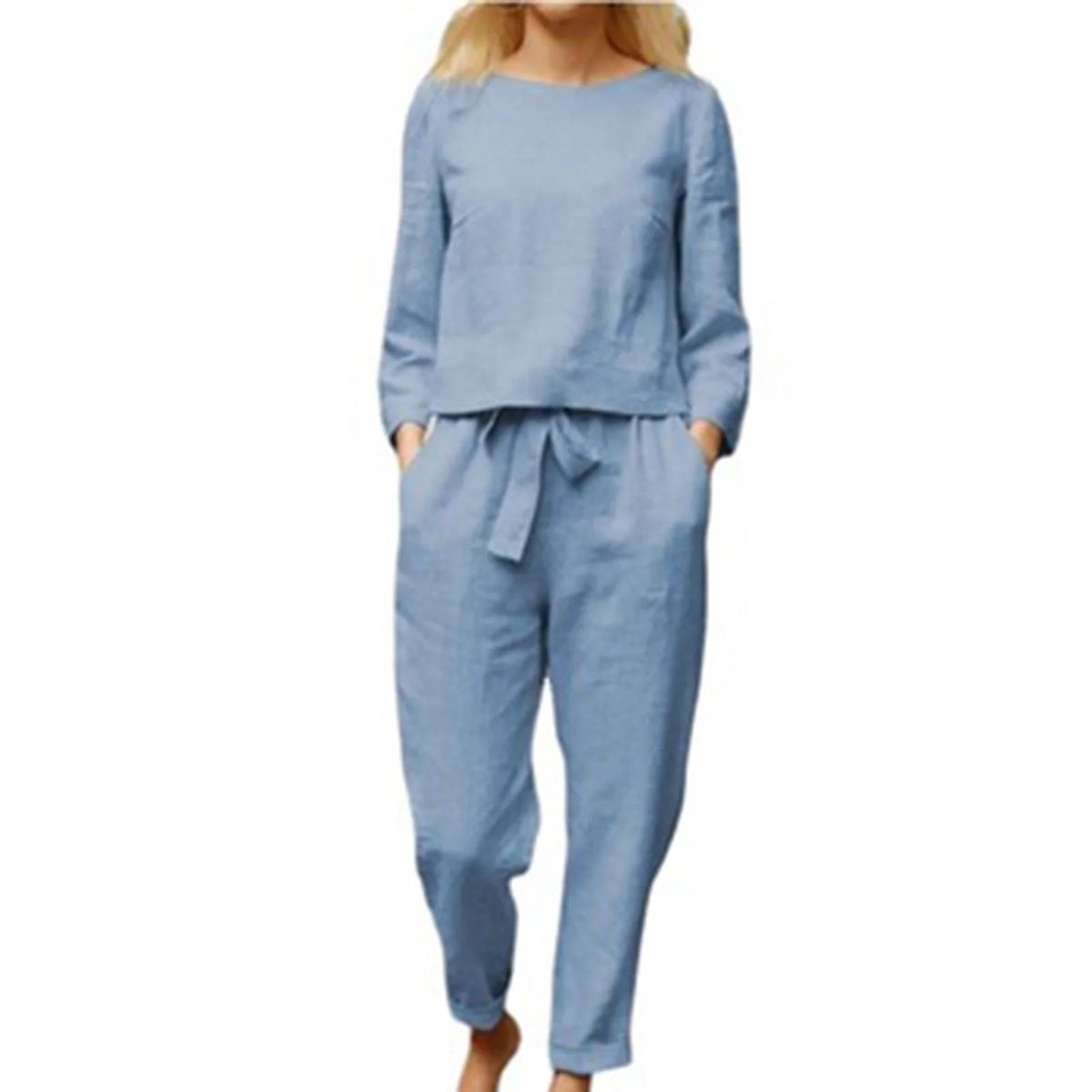 Women's Casual 2 Piece Long Sleeve Top and Tie Waist Pants Lounge Set W4488