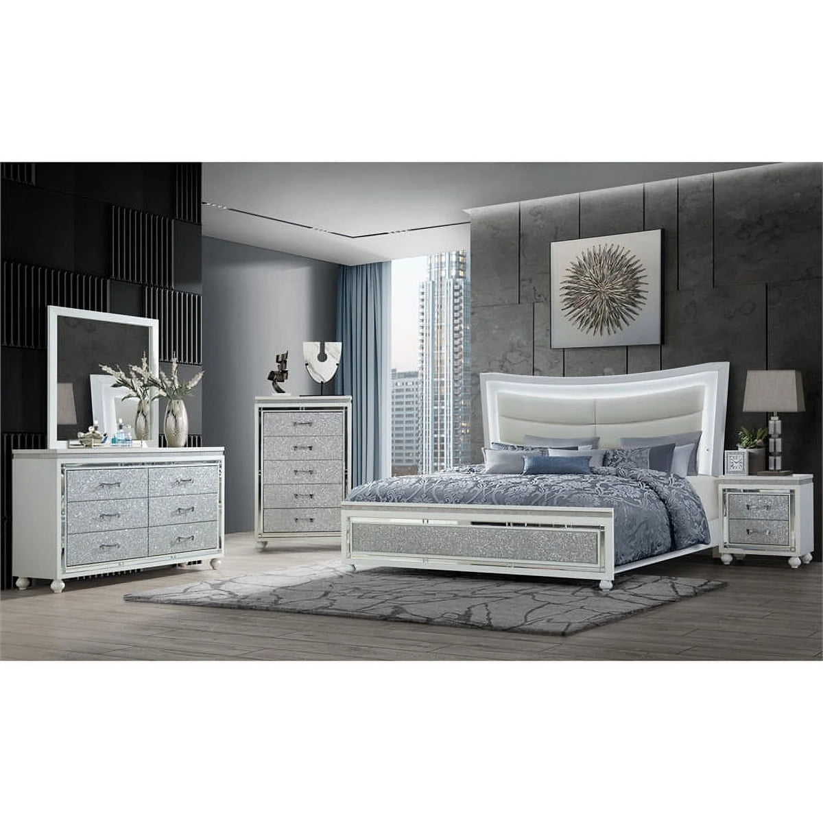 White Queen Bed With Led Lighting W82159