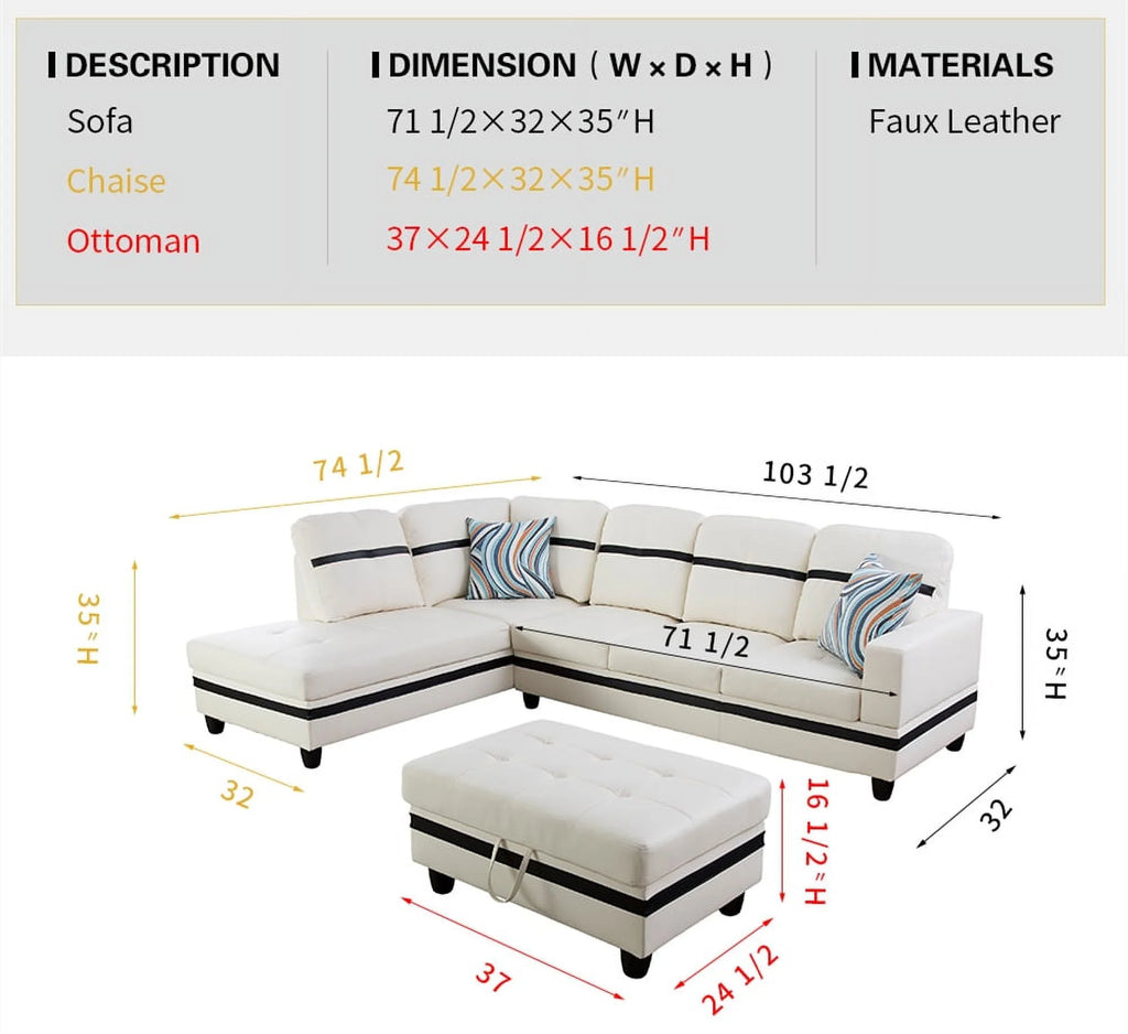 White & Black Faux Leather Sectional with Ottoman V5136