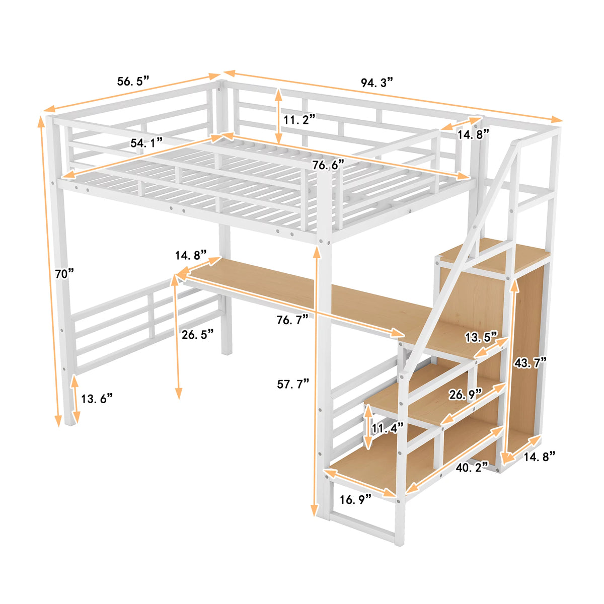 White Full Size Metal Loft Bed with Desk and Storage Staircase J731
