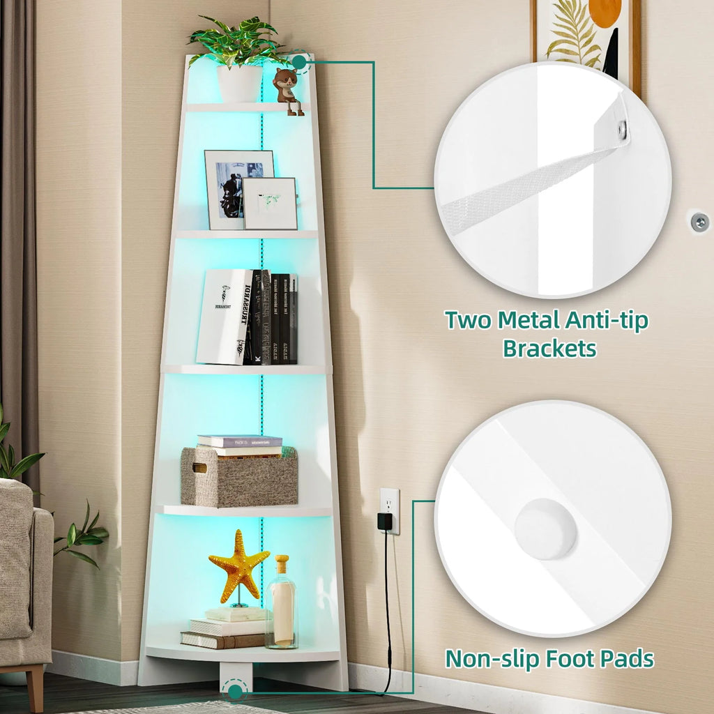 White 5 Tier Corner Shelf with Led Light H5323