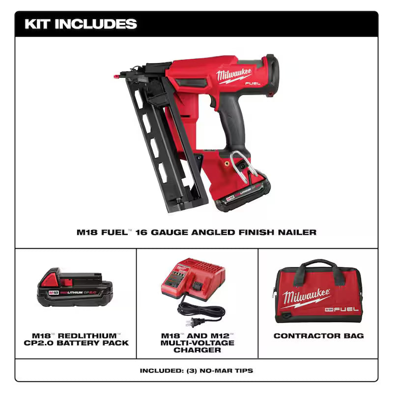 18-Volt Lithium-Ion Brushless Cordless 16-Gauge Angled Finish Nailer Kit W394