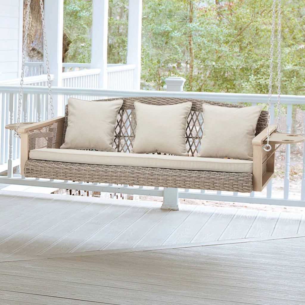 3-Person 55in Wicker Hanging Swing Bench with Cushions and Cupholders C22461
