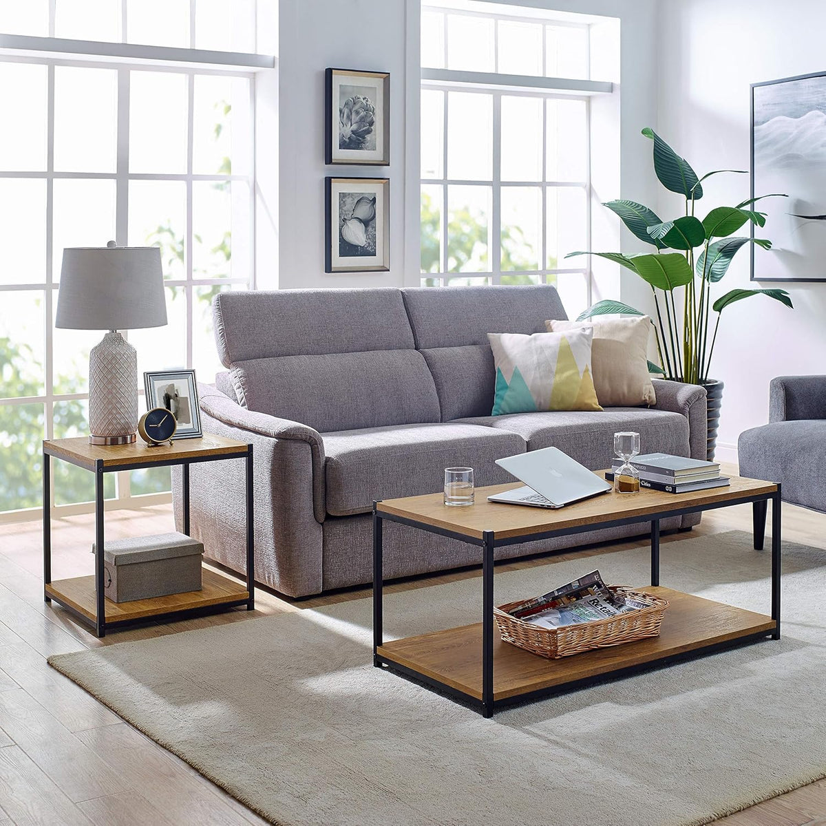 Brown Oak Wood Look Side End Table with Metal Frame C9910