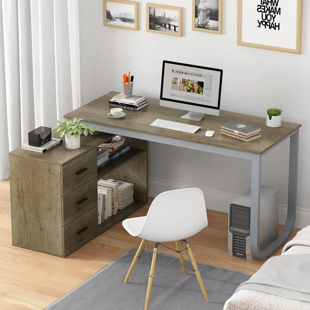 55.1" L-Shaped Office Desk with File Cabinet and 3 Drawers U30568