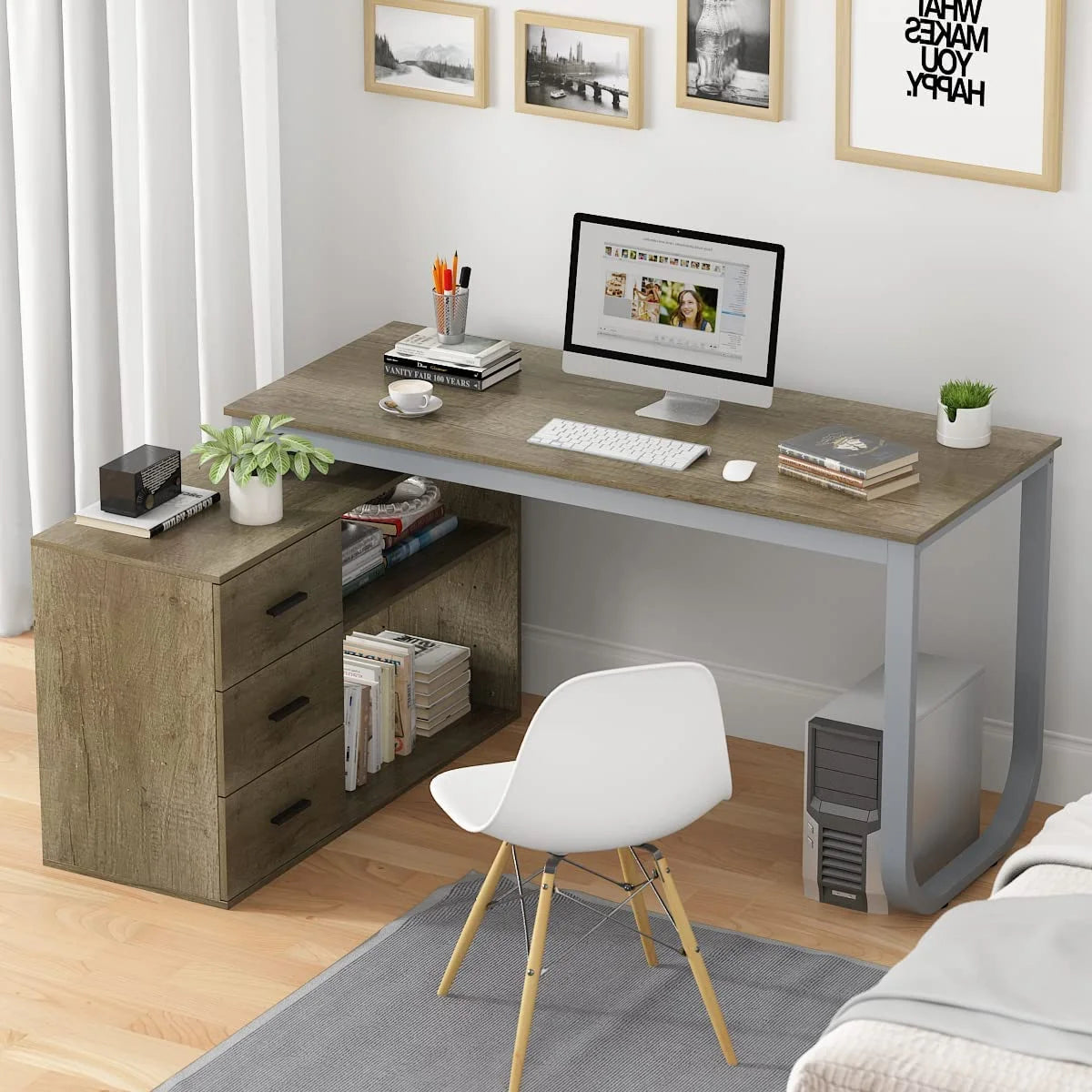 55.1" L-Shaped Office Desk with File Cabinet and 3 Drawers U30568