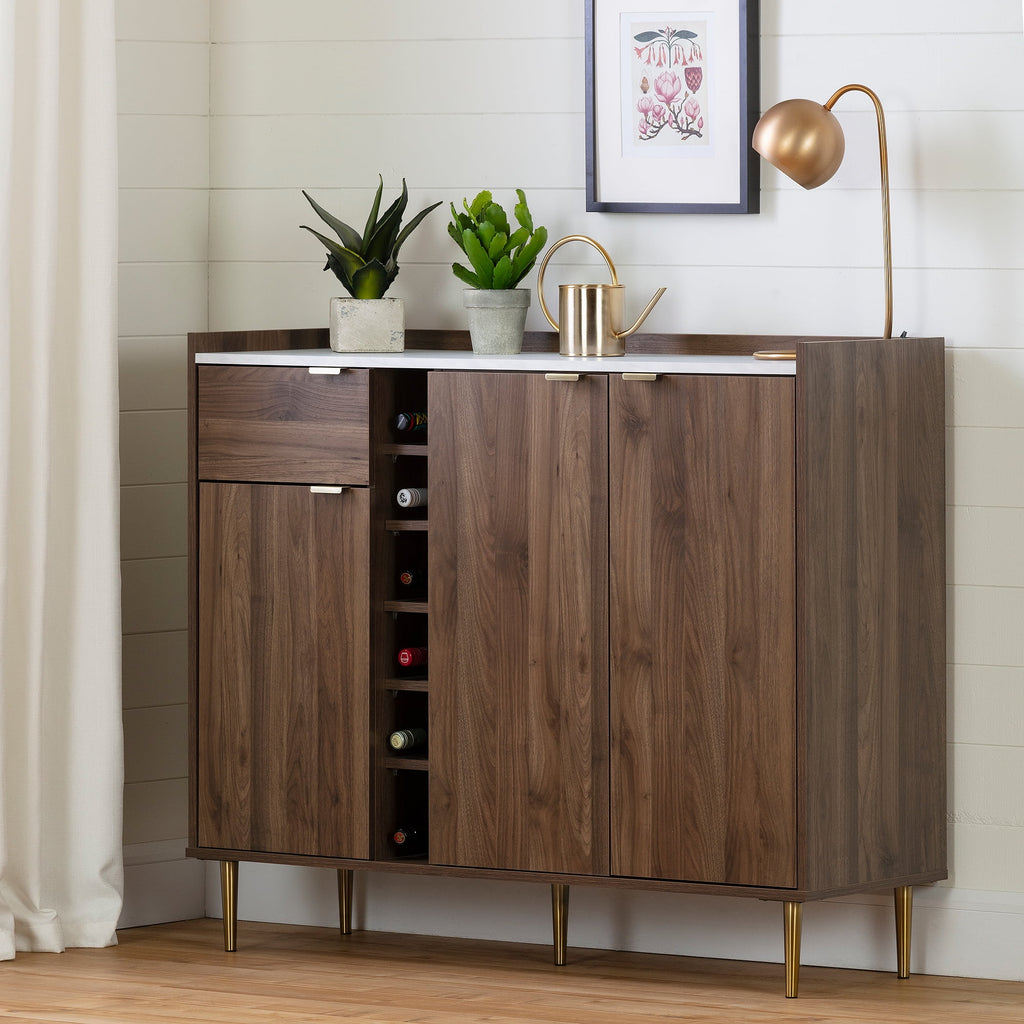 Natural Walnut and Faux Carrara Marble Buffet with Storage Q222