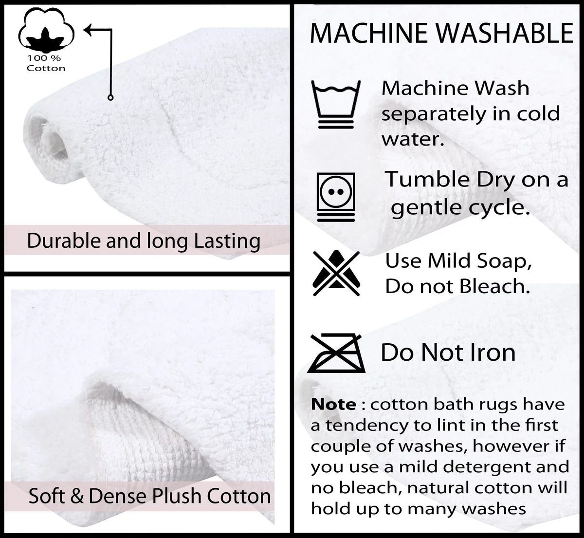 White Cotton Non-Slip 3 Piece Bath Rug Set Y74886