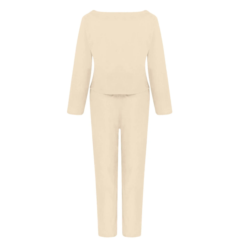 Women's Casual 2 Piece Long Sleeve Top and Tie Waist Pants Lounge Set W4488