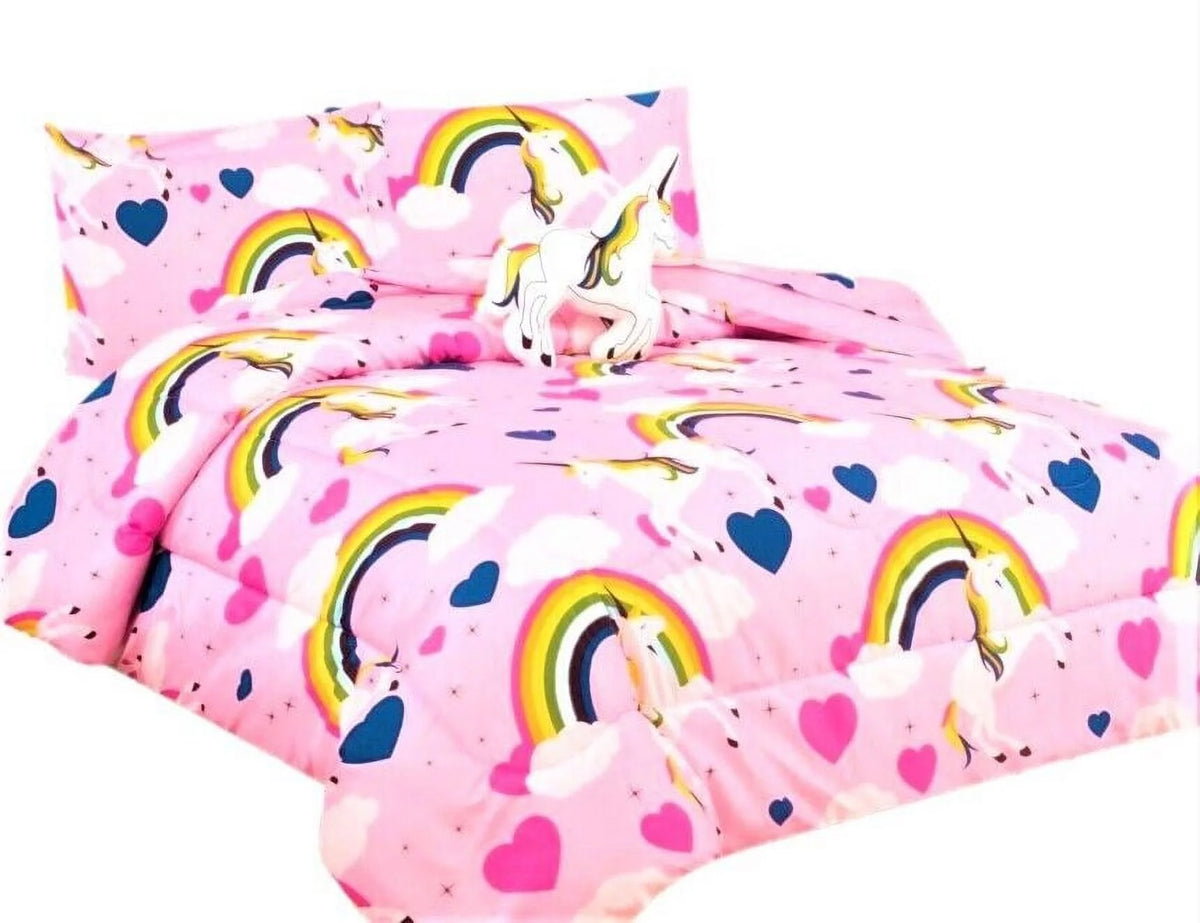 Twin Comforter with Sheet Set and Pillow Plush Toy Unicorn Rainbow Print I5782