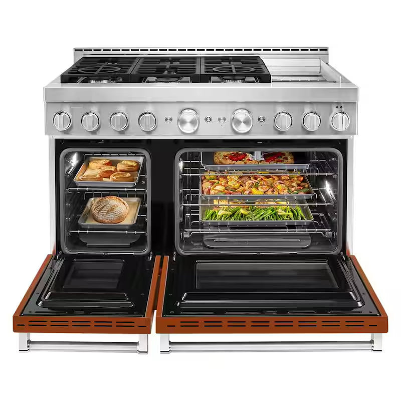 48 in. 6.3 cu. ft. Smart Double Oven Gas Range with Griddle and True Convection in Scorched Orange B483