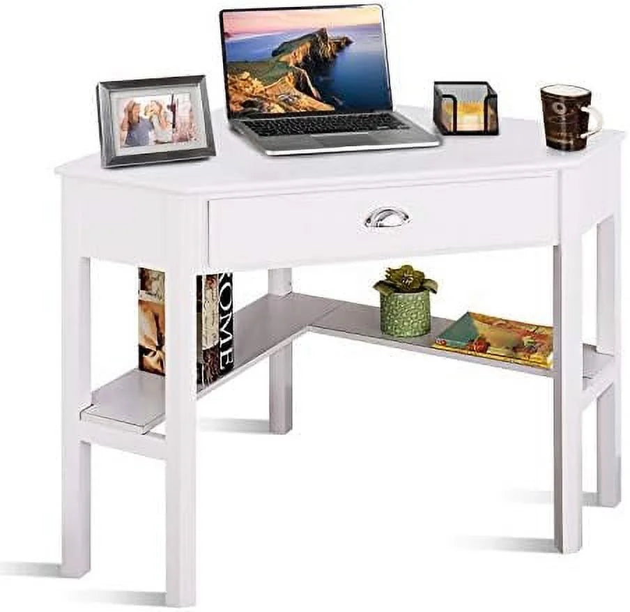 White Corner Desk with Drawer & Shelf S94889