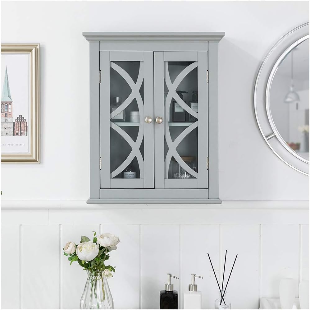 32.5 Inch Grey Wooden Storage Cabinet with Double Doors and Drawer L515