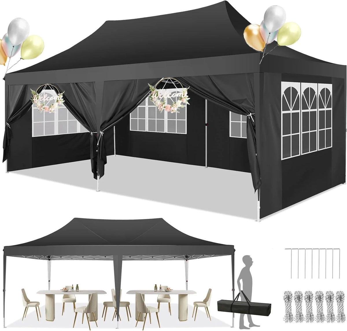 10' x 20' Pop up Canopy Tent with 6 Removable Sidewalls & Carry Bag A66099