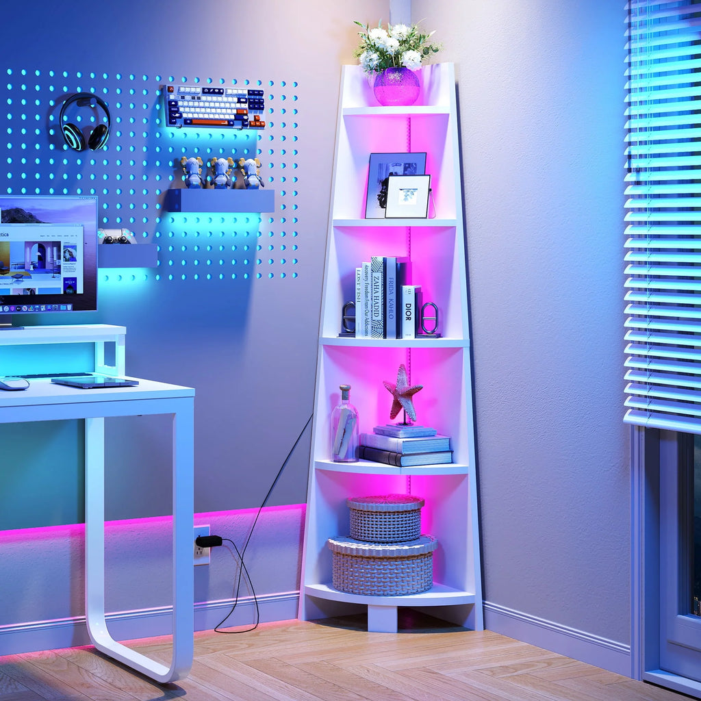 White 5 Tier Corner Shelf with Led Light H5323