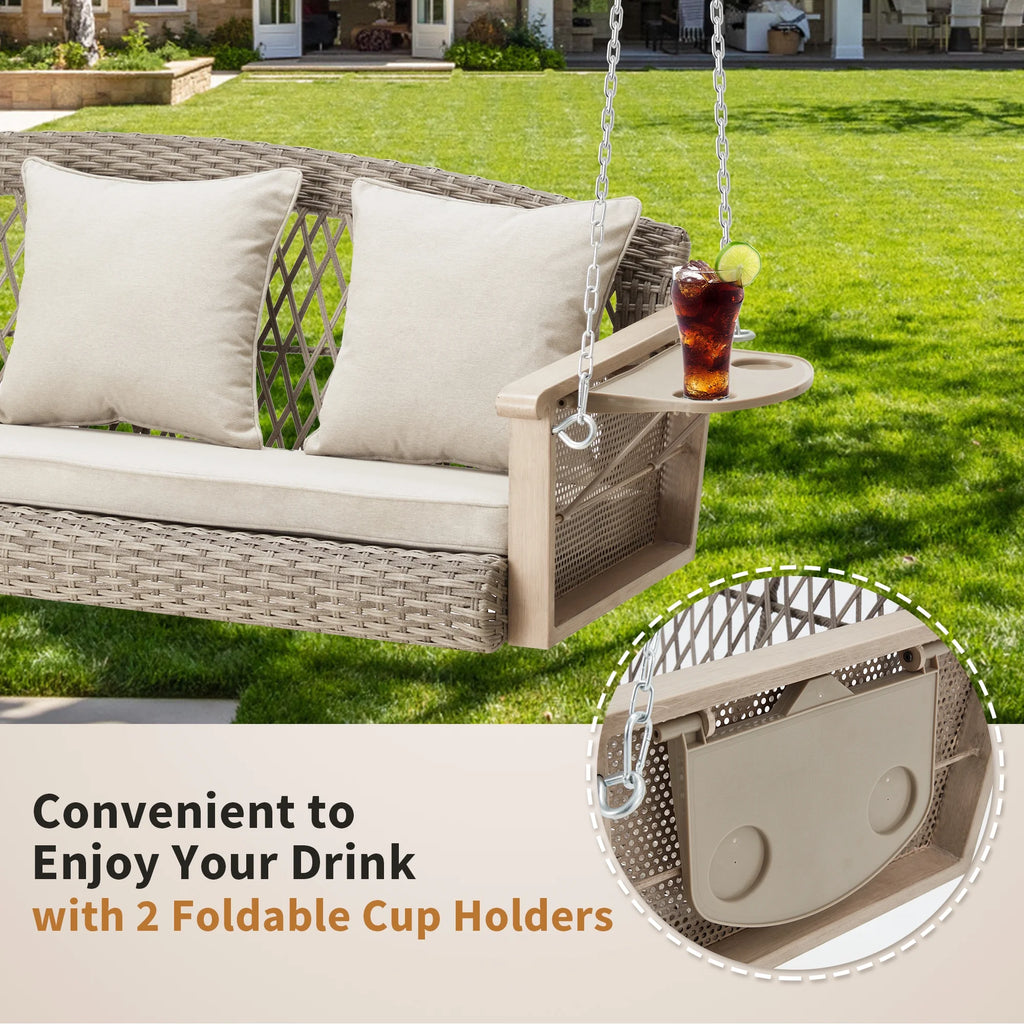3-Person 55in Wicker Hanging Swing Bench with Cushions and Cupholders C22461