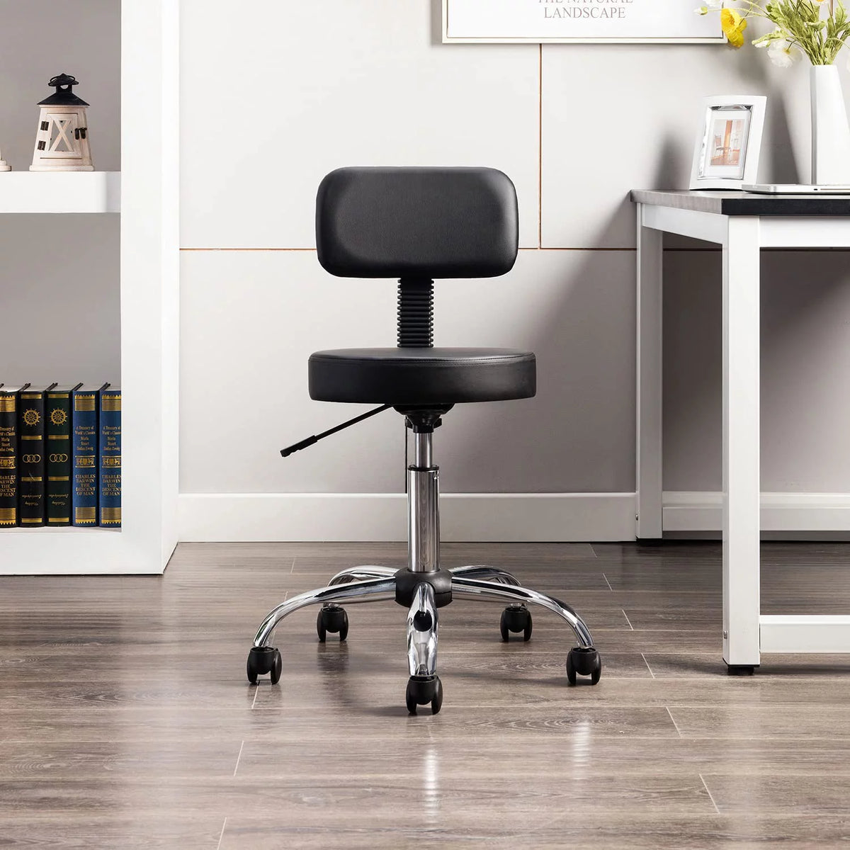 Black Faux Leather Adjustable Drafting Stool with Wheels P1255