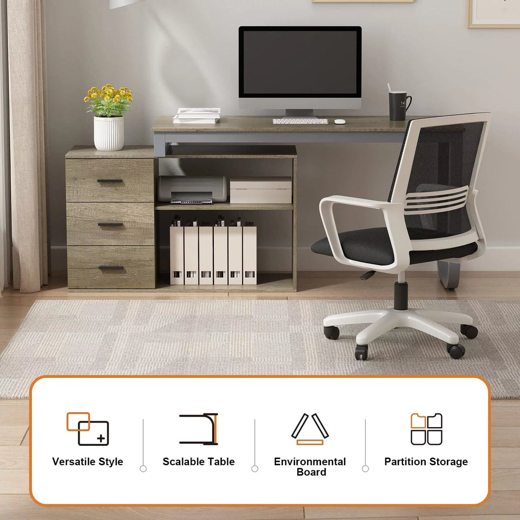 55.1" L-Shaped Office Desk with File Cabinet and 3 Drawers U30568