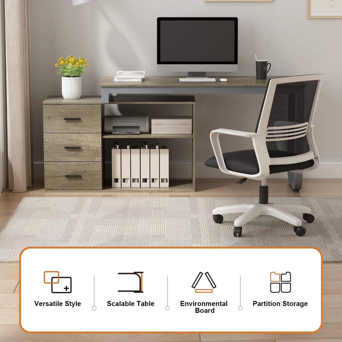 55.1" L-Shaped Office Desk with File Cabinet and 3 Drawers U30568