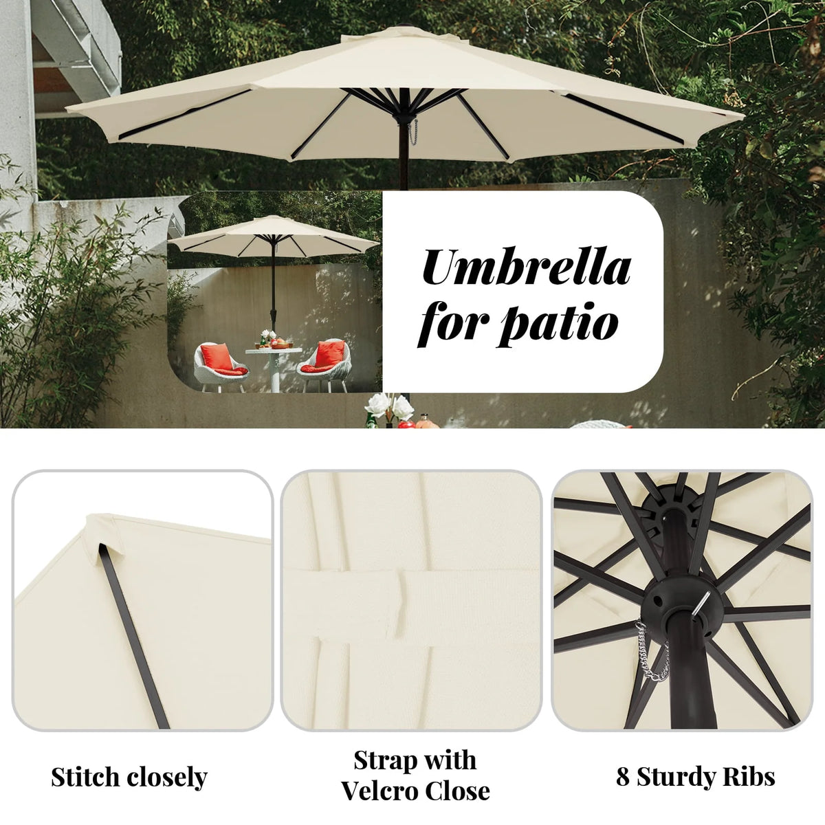 9' Outdoor Patio Umbrella with Push Button Tilt and Crank, Beige E24909