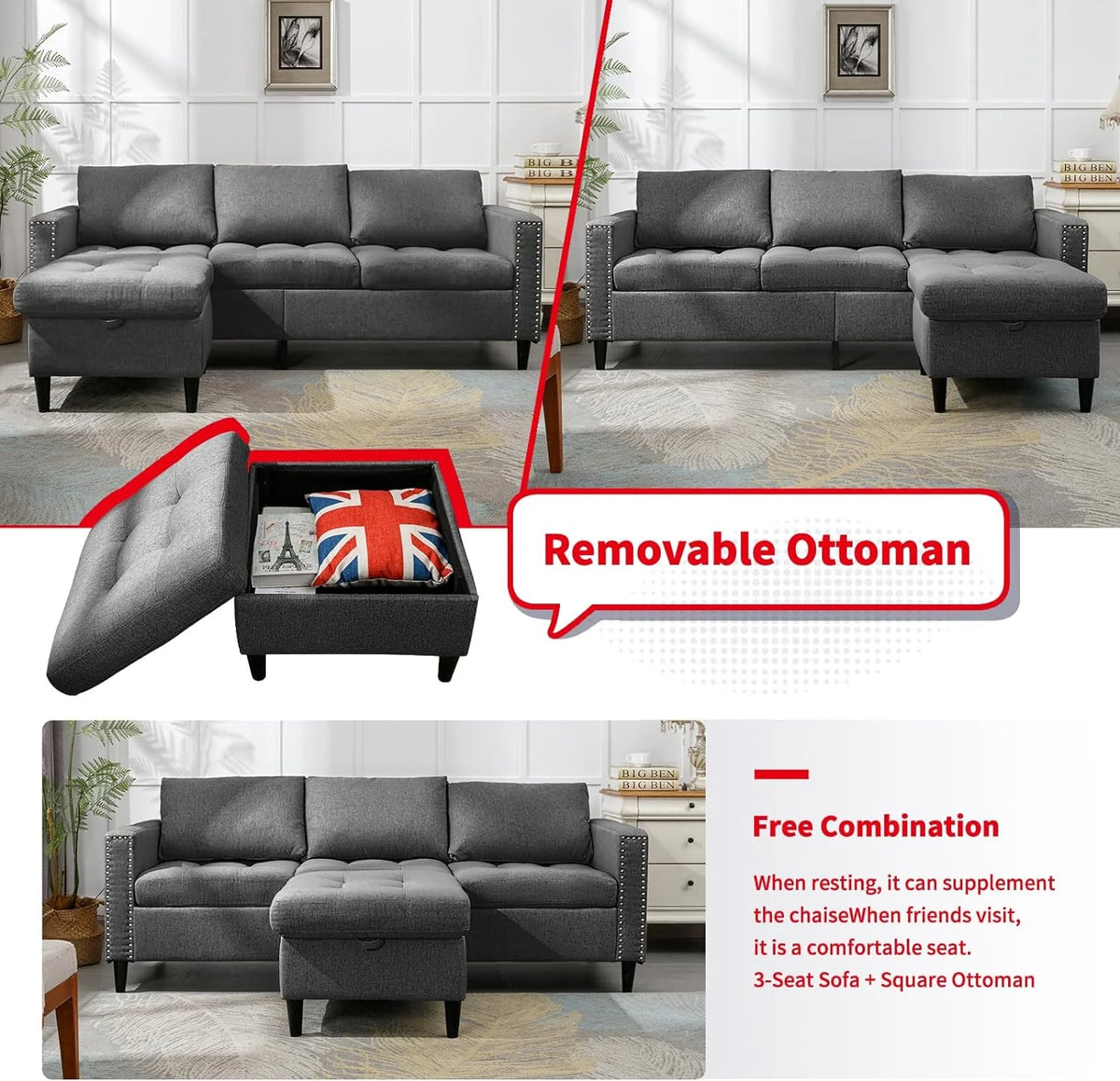 Reversible Modular Sectional Sofa Couch Set Y2580