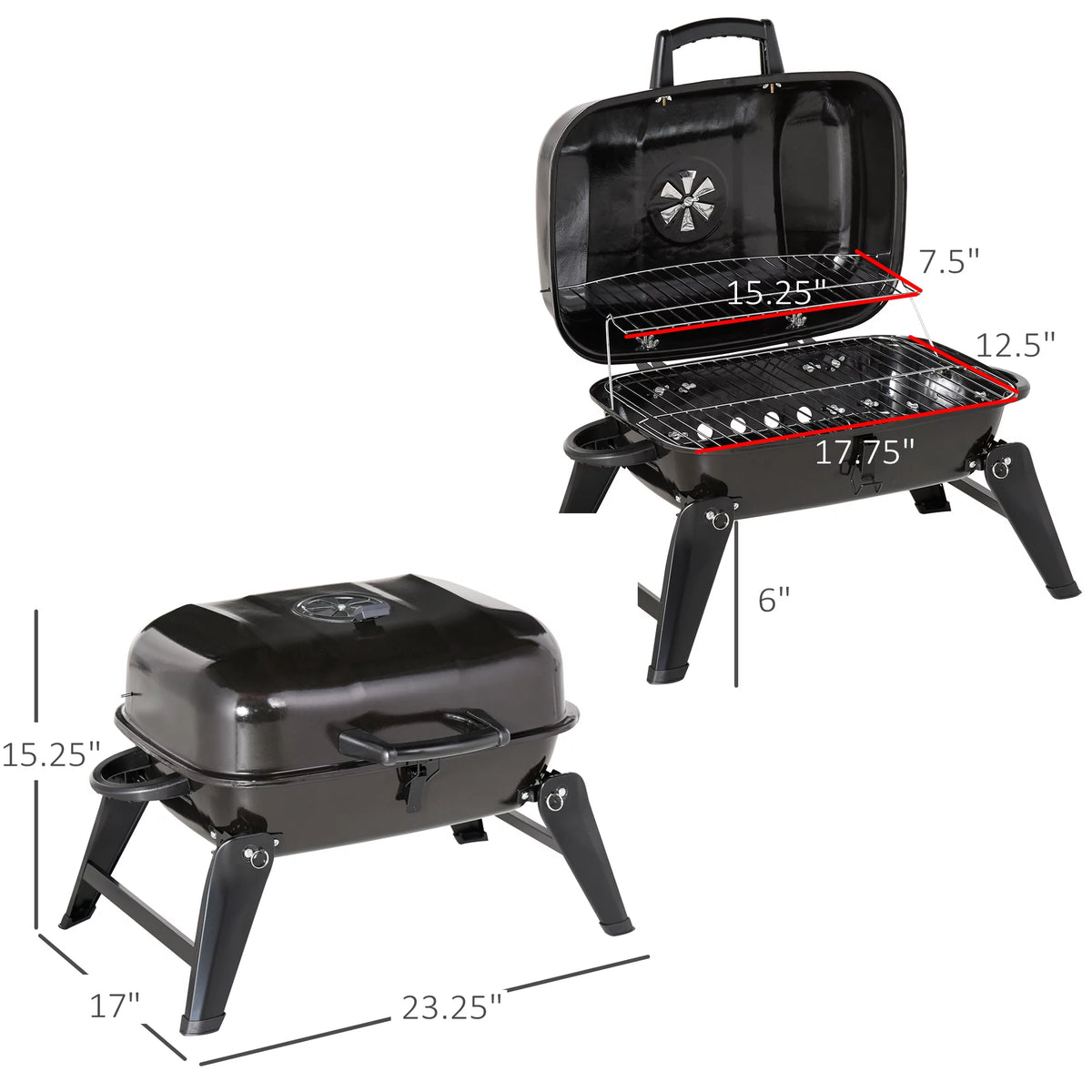 Portable Charcoal Grill, Tabletop Small BBQ Grill, Enamel Coated, Folding Legs, Black Q430