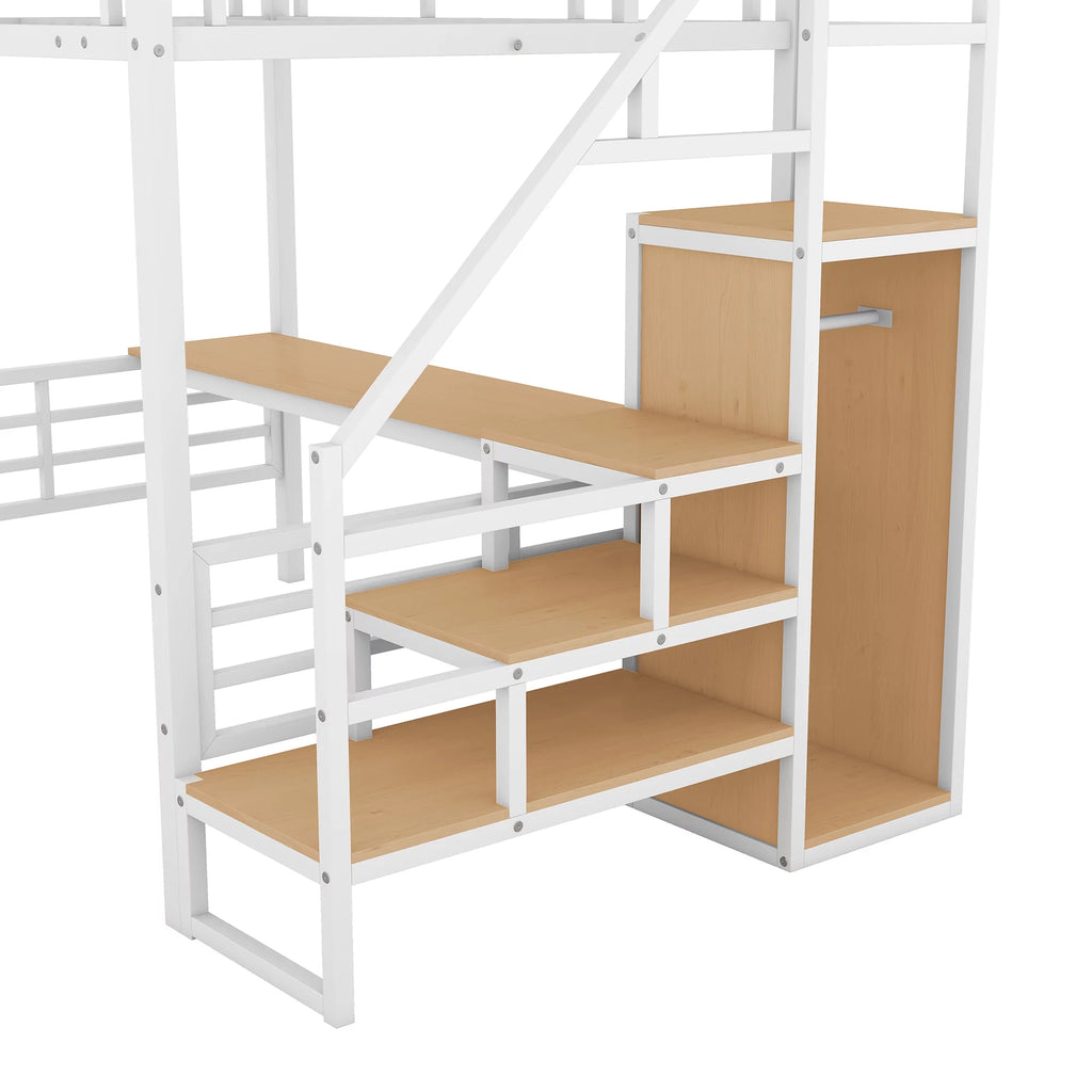 White Full Size Metal Loft Bed with Desk and Storage Staircase J731