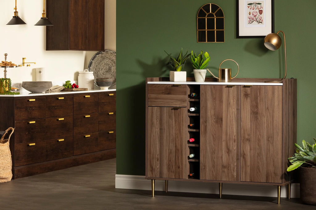 Natural Walnut and Faux Carrara Marble Buffet with Storage Q222